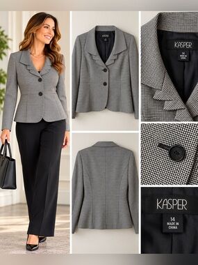 Kasper, 14, women’s black & white checked blazer. Worn one season.
